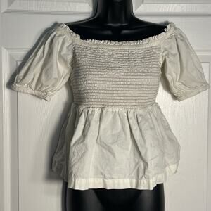 Old Navy Shirt‎ Women Medium Beige Smocked Ruffle Milkmaid Coquette Off Shoulder